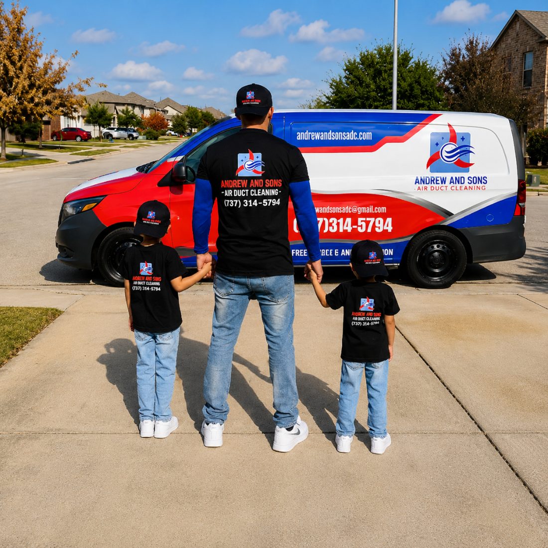 Andrew and his two sons in matching Andrew and Sons Air Duct Cleaning shirts, standing in front of the company van in a Round Rock, TX neighborhood