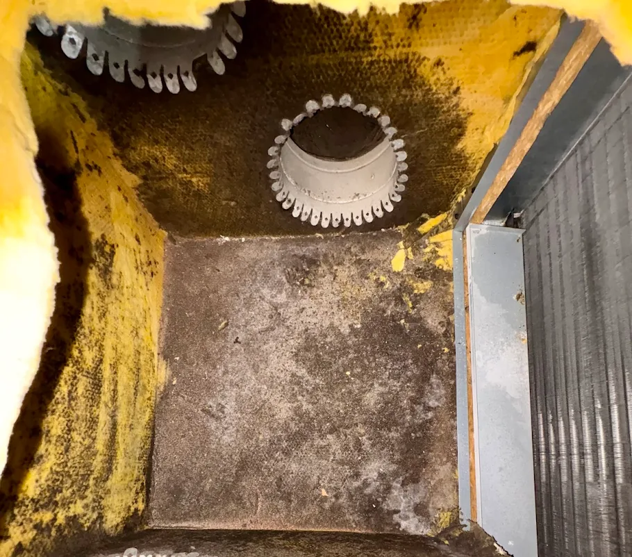 Dirty plenum box coated in dust and debris before cleaning by Andrew and Sons