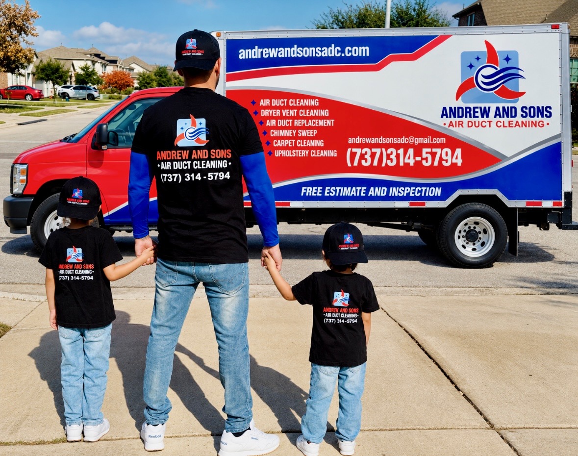 A man and two kids in Andrew and Sons Air Duct Cleaning shirts standing in front of the company box truck