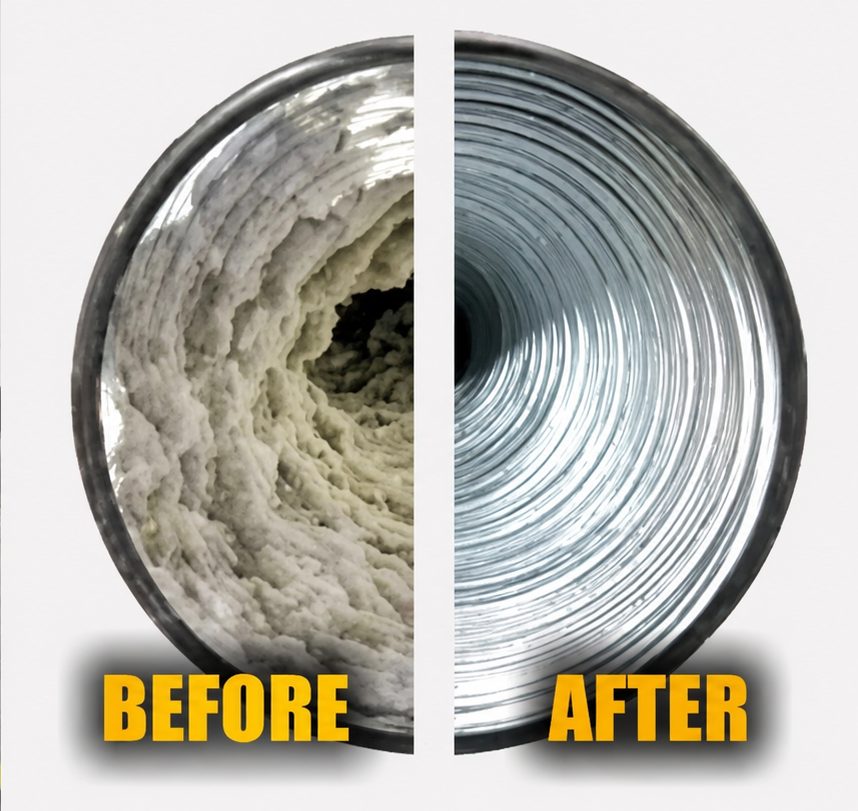 Inside of a dryer vent duct before cleaning, packed with lint, and after cleaning, clear