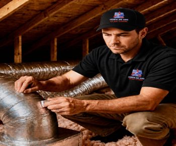 Andrew and Sons technician installing new flex ductwork in an attic