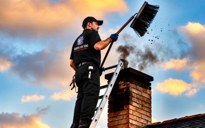 Andrew and Sons technician sweeping a chimney on a roof